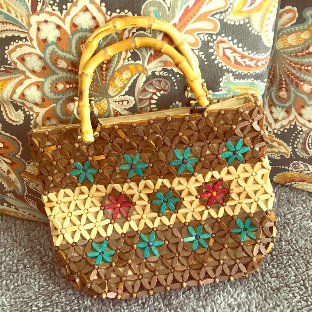 Wood bamboo handle hand bag